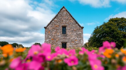 Charming Stone House Surrounded by Vibrant Flowers Under a Bright Sky