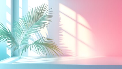 Fototapeta premium Pastel Room with Palm Leaves and Sunlight