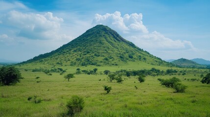 African savanna landscape, lone hill, sunny day, travel brochure