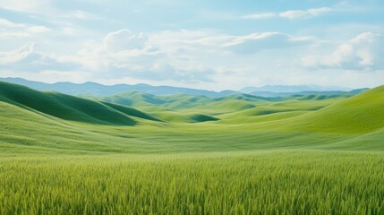 Fototapeta premium Rolling green hills landscape, sunny day, peaceful valley, nature background, travel poster