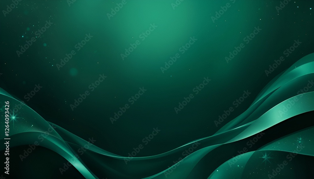 Poster abstract green gradient with flowing wave shapes and light particles