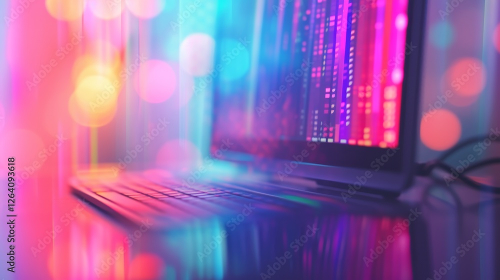 Aufkleber a modern laptop glows under neon bokeh lights, with digital interface elements reflecting on the key