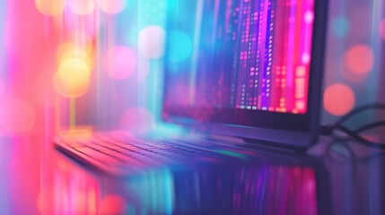 A modern laptop glows under neon bokeh lights, with digital interface elements reflecting on the keyboard. The futuristic colors create a high-tech and cyber-themed aesthetic. AI generated.