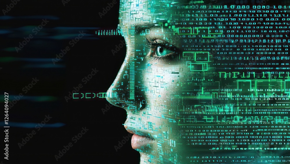 Poster ai's advancement depicted by a human face merged into binary digital layers.