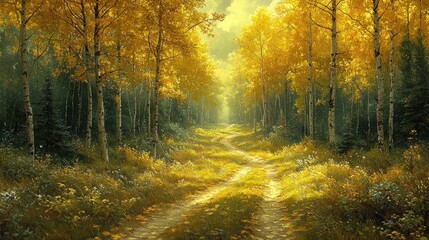 Obraz premium Golden Autumn Path Through a Birch Forest