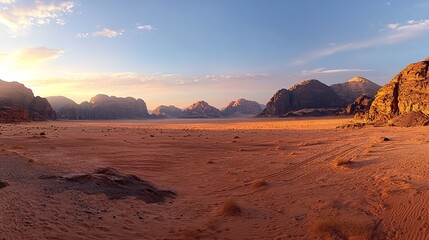 Wadi Rum desert sunrise panorama; scenic landscape for travel brochures