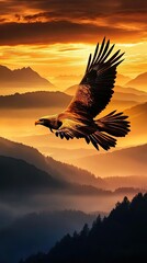 Obraz premium Majestic eagle soaring at sunset in mountains.