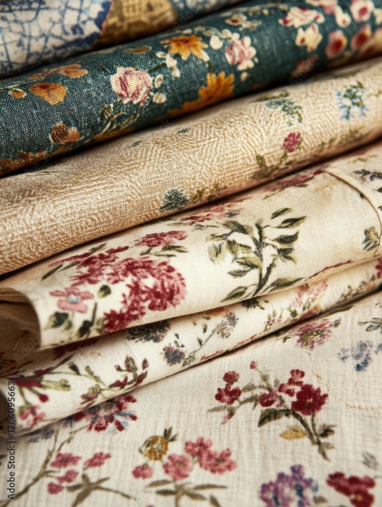 Leinwandbilder close up view of beautifully patterned fabrics featuring floral designs with ample space for creativ