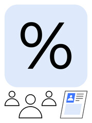 Percentage sign with users and an ID card suggesting analytics, demographics, surveys, user data, statistics, identification. Ideal for recruitment, marketing, analysis memberships data processing
