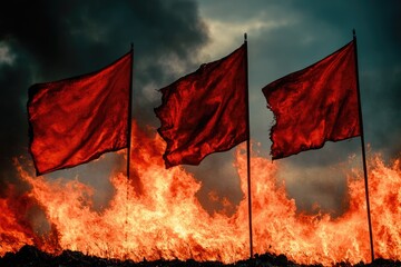 Three Red Flags Burning Fiercely Amidst Flames