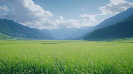 Obraz premium Lush green valley rice paddy field, mountain backdrop, sunny day, travel poster