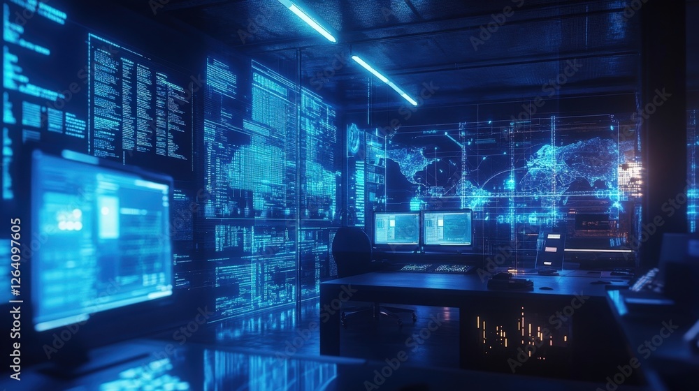 Poster a hightech control room illuminated in cool blue tones where analysts monitor cascading streams of d