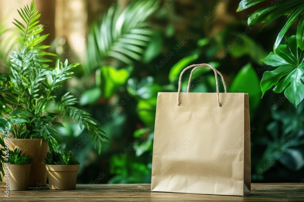 Poster eco friendly paper bag standing in a lush indoor garden with greenery surrounding it for sustainable