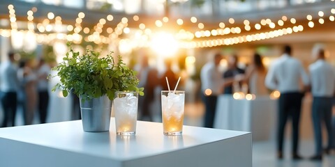 Elegant cocktail party with blurred background lights modern venue photography festive atmosphere evening scene