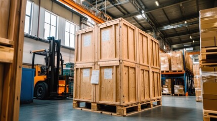 Warehouse forklift near stacked wooden crates