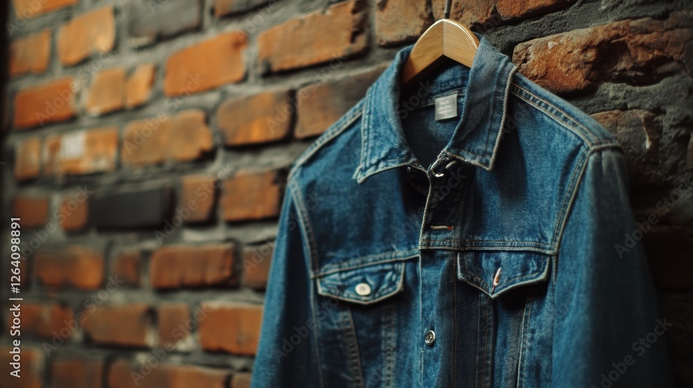 Aufkleber Denim jacket hanging on rustic brick wall providing a stylish backdrop for fashion display and text. Generative AI