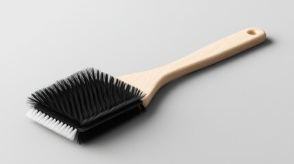 Black and White Cleaning Brush with Wooden Handle on Gray Background for Domestic Cleaning and Home Maintenance