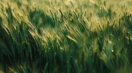 Green wheat field swaying gently in breeze, sunlit, rural background, nature wallpaper
