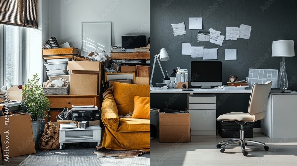 Aufkleber contrasting a cluttered living space with an organized modern workspace in a contemporary setting. g