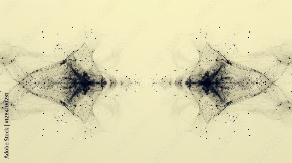 Poster a digital artwork featuring a symmetrical black ink splatter effect on a light background, resemblin