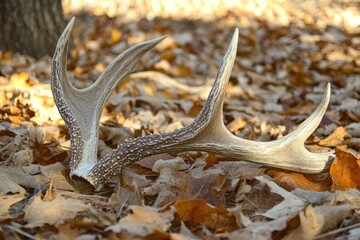 Shed Antler Resting Among Autumn Leaves
