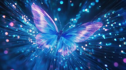 Fototapeta premium Glowing butterfly bursts through light, dark space, cosmic background, digital art