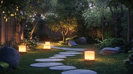 Illuminated stepping stone pathway winds through a tranquil garden setting