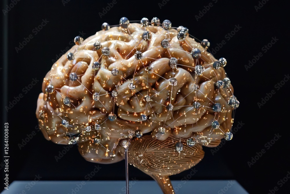Poster enhanced intelligence depicted through a modern brain model with digital node connections.