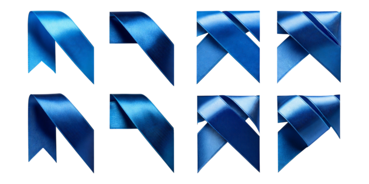 Various Blue Satin Ribbons in Different Designs and Angles, isolated on transparent background