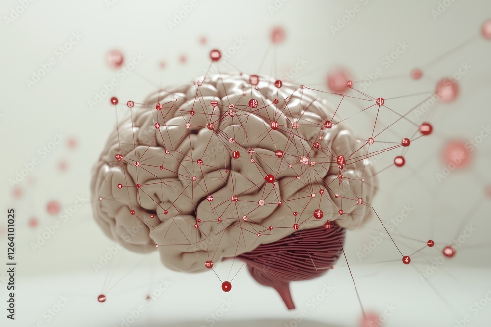 Poster connections of digital nodes to a brain model depict an advanced intelligence scenario.