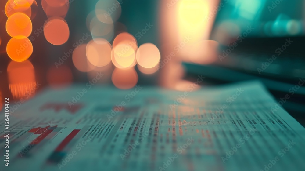 Aufkleber a financial report with charts and graphs in soft focus, set against a colorful bokeh background, sy