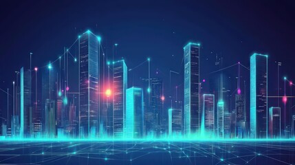 Fototapeta premium Futuristic city skyline, digital network, glowing cityscape, data flows, tech background, website banner