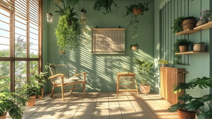Indoor botanical sunroom features plants furniture and natural light