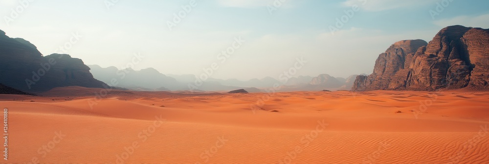 Poster vast desert landscape with golden sands and distant mountain peaks under soft sunlight. generative a
