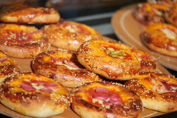 Freshly baked savory pastries from a local bakery in the morning