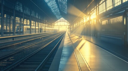 Obraz premium Sunrise train station platform, sunbeams, tracks, waiting, travel