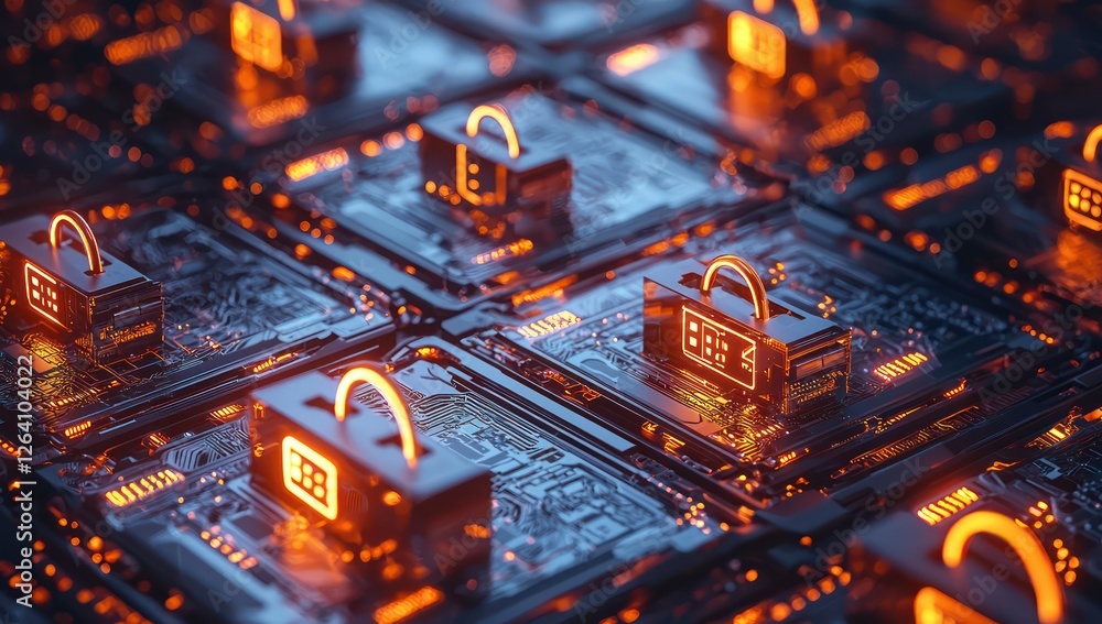 Poster encrypted database with glowing security locks , futuristic cyber protection in action.