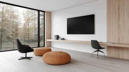 Modern Room with Fireplace, Trees, View