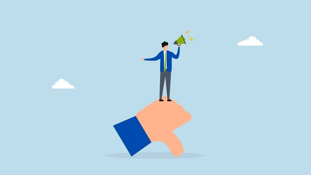 Discredit, 4k animation of ineffective entrepreneur using loudspeaker to disparage and accuse others while displaying thumbs down gesture