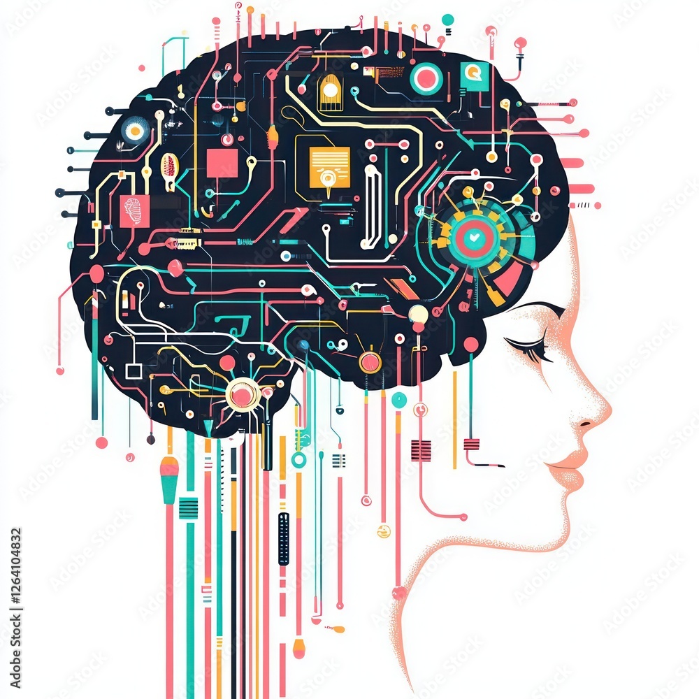 Poster innovative ai design, blending neural networks with brain-like visuals.