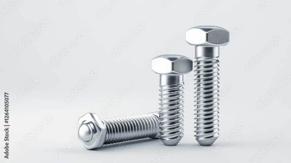 Poster close-up view of silver bolts with hexagonal heads on a light background for industrial applications