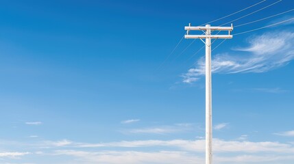 White utility pole, clear blue sky, wispy clouds, rural landscape, energy infrastructure