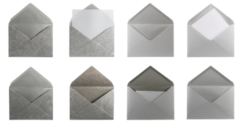 Various White and Gray Envelopes with Different Textures and Styles, isolated on transparent background