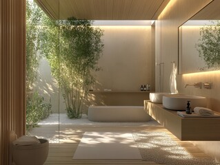 Fototapeta premium Bright modern bathroom featuring a garden view and wooden design