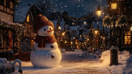 Obraz premium Festive Snowman Winter Village Night Snowfall Holiday Card