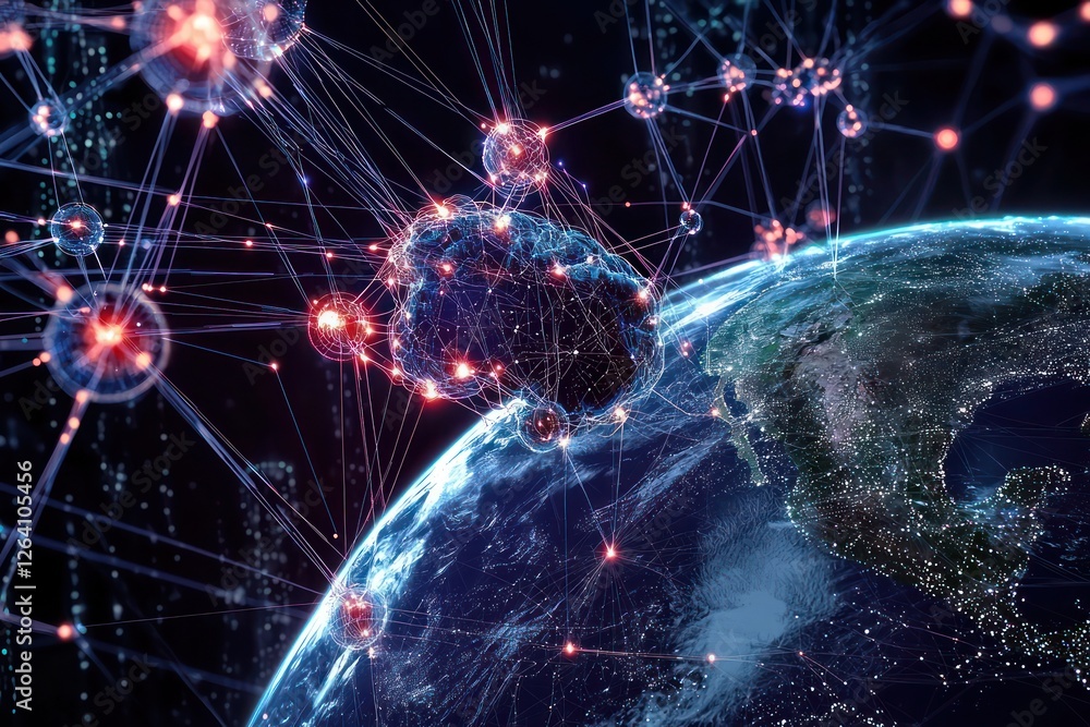 Poster glowing earth-centered ai network processing vast information , global digital intelligence.