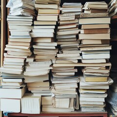 Stacked books, library storage, overflowing shelves, vintage, education