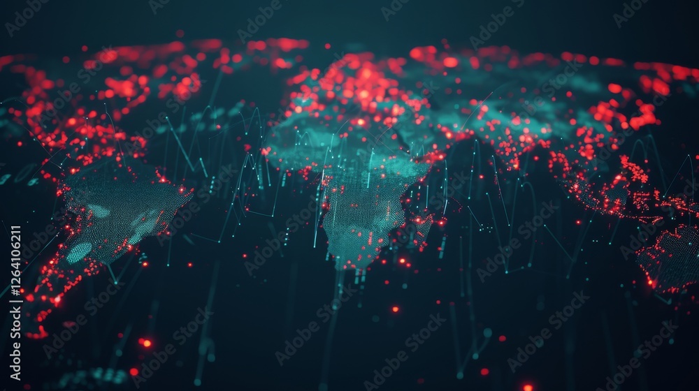 Poster a high-tech digital world map displaying glowing red and blue data points, representing global conne