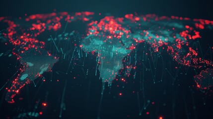 A high-tech digital world map displaying glowing red and blue data points, representing global connectivity and data networks. Ideal for technology, AI, and cybersecurity themes. AI generated.