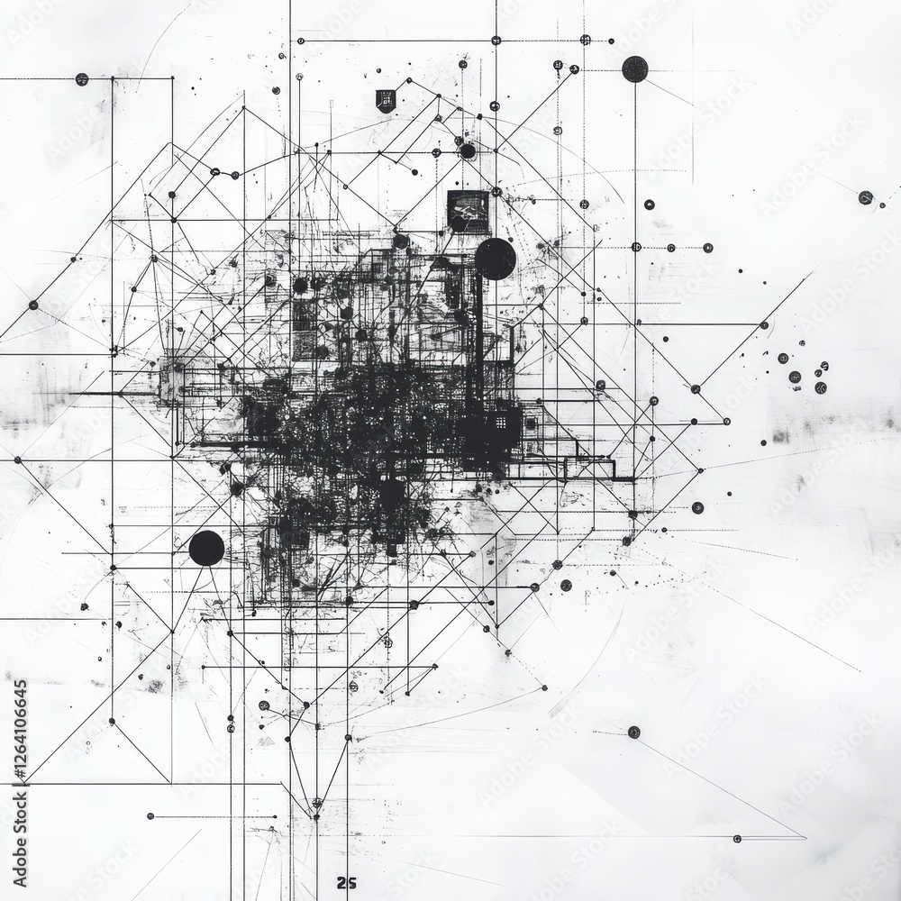 Aufkleber a detailed abstract digital composition featuring interconnected geometric shapes and black linear p